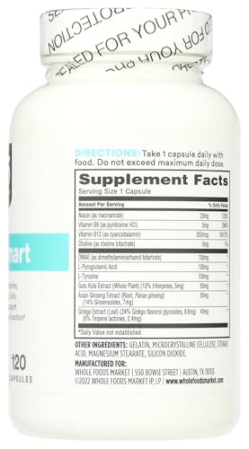 365 by Whole Foods Market, Think Smart with B Vitamins, Amino Acids, Ginkgo, Asian Ginseng, Gotu Kola, & Choline, 120 Capsules - image 7