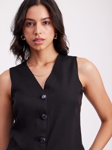 Image of FableStreet Women Formal Top | Tailored Fit Sleeveless V-Neck Solid Black Design | Smooth Moss Lycra Fabric For Office Wear & Business Casual Occasions