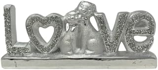 Crystal Crushed Diamond Ornament Bling Gift |SILVER HEART PUPPY COUPLE LOVE SPARKLE ORNAMENT, LOVELY DISPLAY LOVE Words Sign Free Standing Desk/Shelf/Hom Tableware /Office Decoration Art