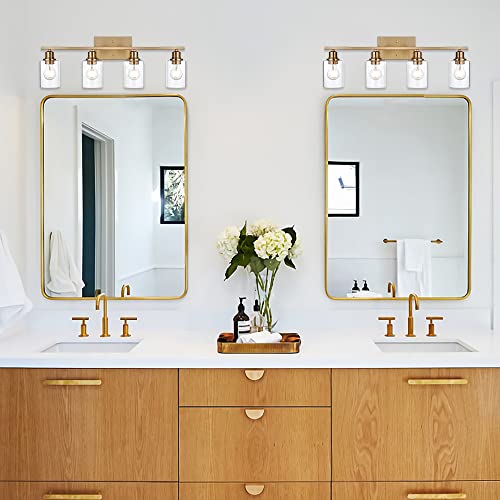 Vinluz 4 Light Bathroom Light Fixtures Classic Rustic Brushed Brass Wall Sconce Vanity Lighting Fixtures With Clear Shade Shade For Dressing Table Bedroom #TOP5