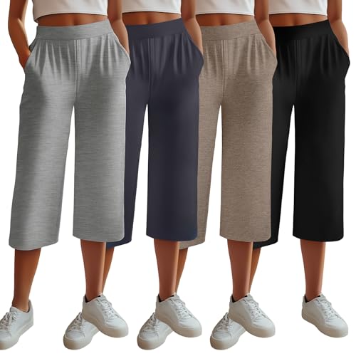 Neer 4 Pack Women's Capri Pants, Lounge Wide Leg Yoga Sweatpants Loose Comfy Cotton Jogger Pants Workout Capris with Pockets(Black, Light Coffee, Charcoal Gray, Light Heather Gray,XX-Large)