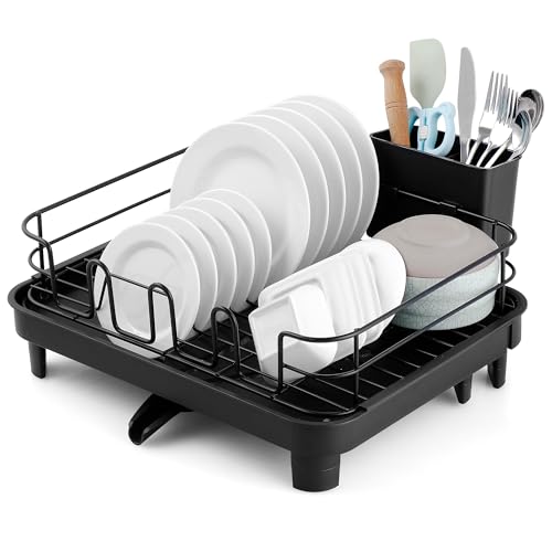 Hanamura Escurreplatos sobre Fregadero – Escurridor de Platos para Fregadero Extensible con Bandeja y Boquilla Giratoria 360° – Negro