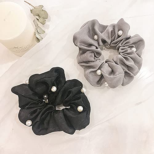 Jwicos Soft Microfiber Pearl Scrunchies Hair Ties Chiffon Flower Hair Accessories For Women And Girls Pack Of 2 (Black, Grey) #TOP22