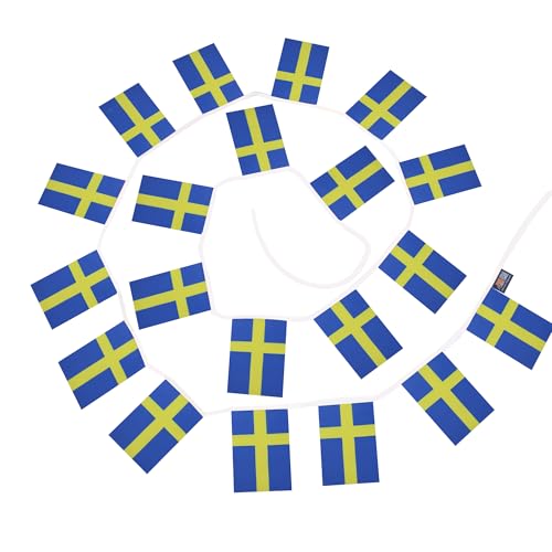 Image of AZ FLAG Sweden 6 meters BUNTING Flag 20 flags 9'' x 6'' - Swedish STRING flags 15 x 21 cm