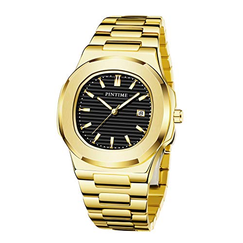 Luxury Men's Gold Business Watch Fashion Dress Bracelet Watch with Calendar, Quartz Analog Wrist Watch for Men, Black Dial