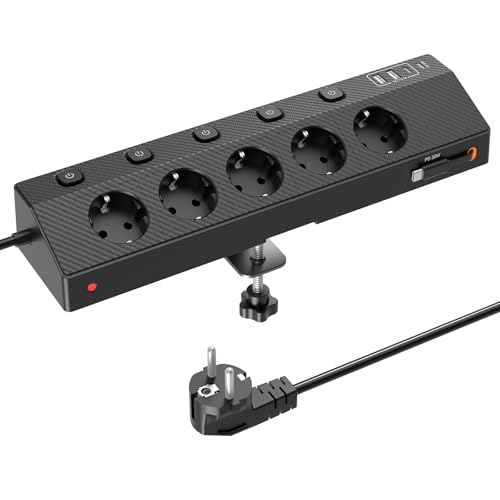 Tischsteckdose Steckdosenleiste mit 2 USB C (PD 30W), PASSUS 5 Fach Mehrfachsteckdose Schreibtisch mit Überspannungsschutz & Einzeln Schaltbar, 10-in-1 Ecksteckdose mit 2M Kabel für Büro, Schwarz