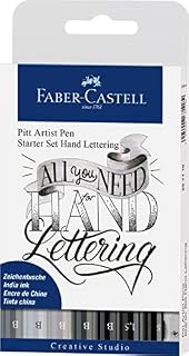 Faber-Castell 267118 - Pencil Pen Pitt Artist Pen Lettering Starter Set, 9 Pieces (5 Pitt Artist Pens with Brush Tip, 2 Pitt Artist Pen Fineliner, 1 Castell 9000 Pencil B, 1 Sharpener)