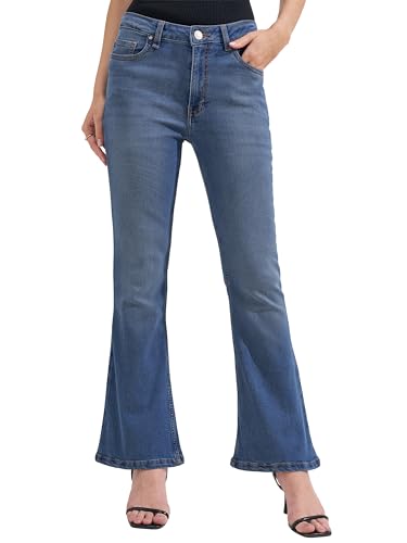 Image of Tokyo Talkies Women Blue Solid Mid Rise Bootcut Jeans