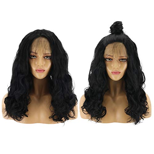 Lurrose Peruca feminina de cabelo encaracolado preto elástico de renda de fibra química natural que