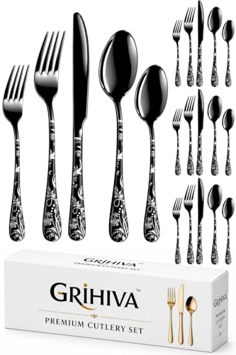 Image of 20 Pcs Black Floaral Stainless Steel Cutlery Set for Dining Table with Spoons and Forks Set + Butterknives - The Perfect Tableware /Flatware