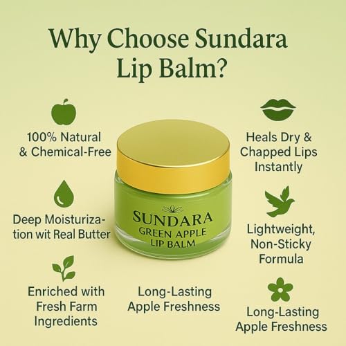 Image of SUNDARA Green Apple Lip Balm 8g for Dry & Chapped Lips | Shea Butter, Vitamin E & Natural Oils | Moisturizing Lip Care for Soft, Smooth & Nourished Lips | Green Apple Flavor Lip Balm for Men & Women