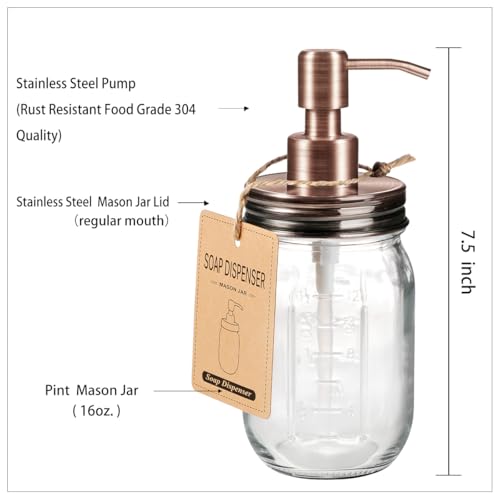 Image of Amolliar Mason Jar Liquid Soap Dispenser, Lotion Dispenser, Copper 2 Pack | 16OZ Glass Soap Dispenser, Stainless Steel Soap Pump Lid, Farmhouse Decor, Refillable Hand Dish Soap for Bathroom Kitchen