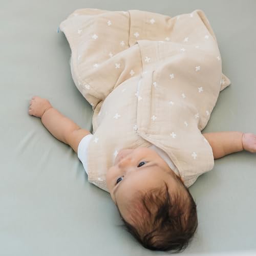 Image of Little Unicorn 0-6 Month Premium Muslin Sleep Sack 1.1 TOG | Soft & Breathable Muslin Cotton for safer sleep | 2 way zipper (Taupe Cross)
