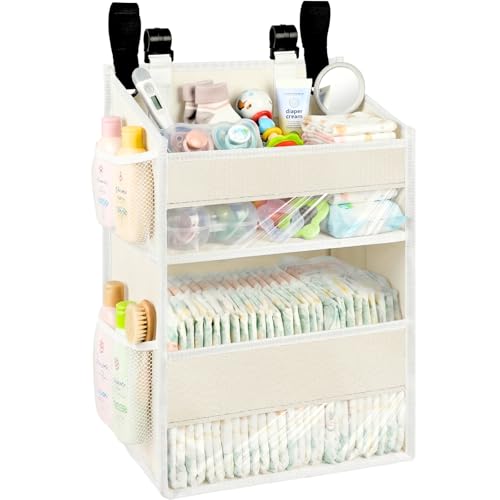 Image of Hanging Diaper Organizer, 2 Tier Hanging Diaper Caddy, Holds 90+ Diapers | Diaper Organizer for Changing Table,Cribs,Car,Playard or Wall & Nursery Organization, 4 Mesh Pockets, Won't Deform, Beige
