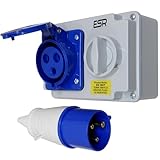 32A Interlocked Socket and 32 Amp Plug 3 Pin 2PE 240v Blue Wall Mount IP44 Switched