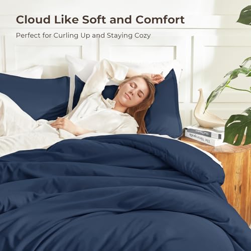 Image of Litanika Navy Blue Oversized King Comforter Set Super King Plus Size, 3 Pieces Lightweight Solid Bedding Comforter Set, All Season Fluffy Bed Set (128x120In Comforter & 2 Pillowcases)