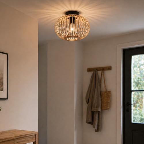 Lightbox Deckenlampe mit Bambus Gitter - Deckenleuchte Ø 30 cm - dimmbare Lampe für Wohnzimmer, Schlafzimmer & Flur - exkl. E27 LED
