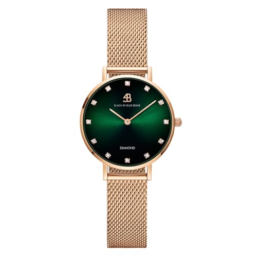 Womens Watch Trendy Green Watches for Women 12 Genuine Diamond Watch Markers 28 mm Watches for Women Green Sunray Dial with Rose Gold Mesh Band Womens