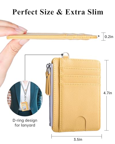 Image of Teskyer Slim RFID Wallet for Women, Small Card Holder with Zip Pocket, Yellow, 3.5 inch x 4.7 inch, Minimalist | Zip Pocket for Cash Coin, 1 ID Window & 7 Card Slots, Ultra Slim Design, D-Ring for Neck Lanyard, for Daily Carry and Travel