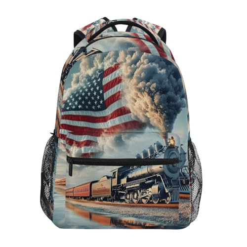 The Train Is Flying The American Flag Backpack for Women Mens Girls Boys Teens, School Backpacks Students Laptop Bookbag Rucksack Casual Daypack for Hiking Traveling Camping Work