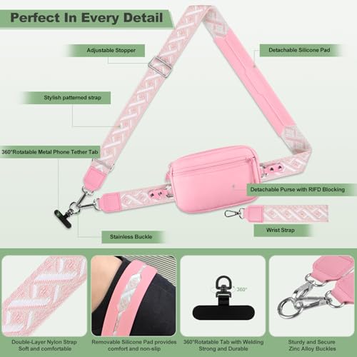Image of YFWE Clip and Go Strap for Phone with Wallet Crossbody, Adjustable Phone Lanyard with Detachable RFID Wristlet Wallet, Pattern Strap, Pink(M)