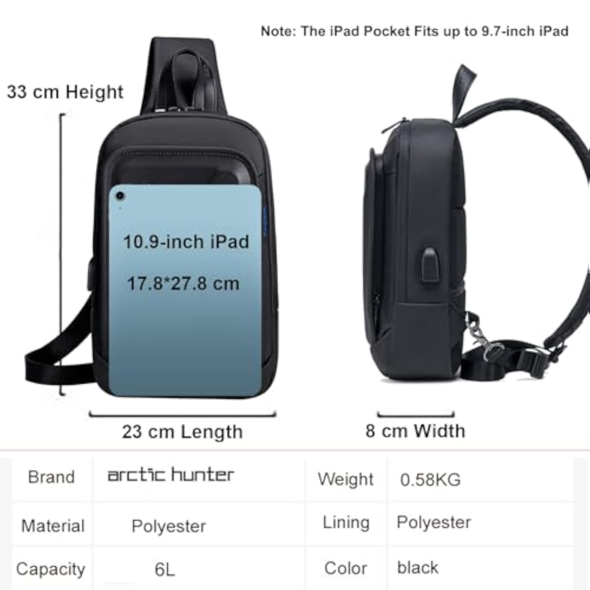 Sling Bag for Men, 6L Semi-hard Chest Bag