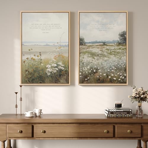 Framed Vintage Christian Wall Art, Set of 2 Retro Farmhouse Floral Landscape Bible Verses Prints, Wildflower Neutral Scripture Artwork for Living Room, Bedroom, Office Decor, 16x24 Inch