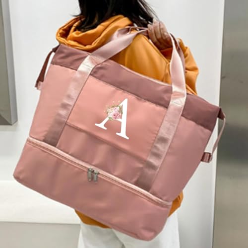 Initial Travel Duffel Bag for Women, Personalized Weekender Bag with Shoe Compartment, Gym Duffel Bag with Wet Pocket Carry on Overnight Bag, Birthday Gifts for Women, Pink (Letter R)2