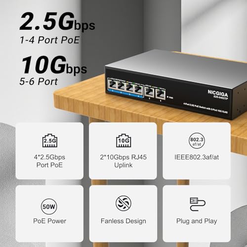 Image of 6 Port 2.5Gb PoE Switch Unmanaged with 4 Port 2.5G Base-T PoE+@65W + 2 x 10G RJ45 Uplink, NICGIGA 6 Port 2.5Gbe IEEE802.3af /at Power Over Ethernet Switch, Support WiFi6 AP, NAS, 4K PoE Camera NVR.
