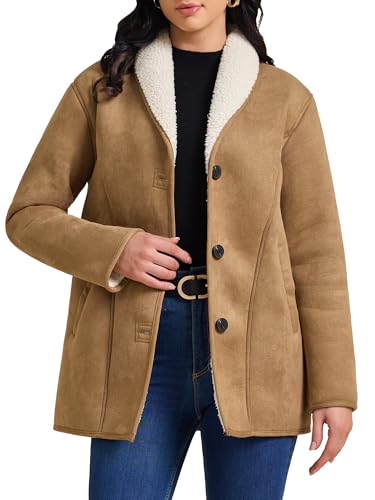 Allegra K Women Winter 2025 Suede Overcoat Button Down Lapel Fleece Jacket Winter Coats with Pockets