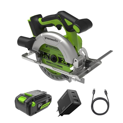 Scie circulaire sans fil Greenworks 24 V sans balais 165 mm, 5 000 tr/min, lame de scie 20 mm, profondeur de coupe réglable 45°/90°, éclairage LED, avec batterie et chargeur CRG404