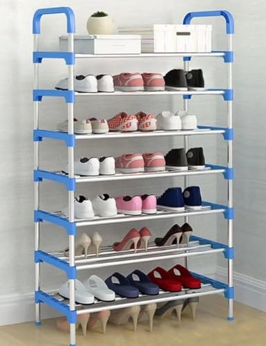 Zapatero de metal azul de 7 niveles, soporte de almacenamiento multicapa de alta capacidad para entrada y puerta, elegante solución de almacenamiento de zapatos de piso