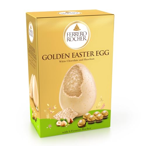 Ferrero Rocher - Uovo di Pasqua 2025 al Cioccolato Bianco con Granella di Nocciole, 6 Specialità Ferrero Rocher Incluse, Idea Regalo, 250 Grammi