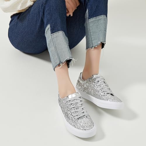 Jeekopeg Glitter Sparkly Fashion Sneakers Shoes Shiny Casual Shoes Bling Sequin Concert Low Cut Lace up Shoes(Silver Glitter,8 Women/6.5 Men)