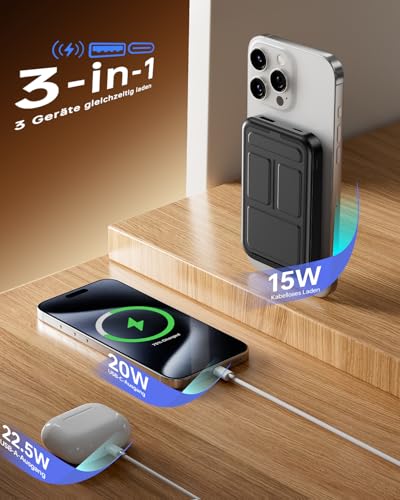 Powerbank für Magsafe, 10000mAh Magnetische Power Bank Schnellladefunktion 22,5W USB-A Tragbarer Externer HandyAkkus mit LED Display, Kompatibel mit iPhone 17 Air Pro Max 16 15 14 13 12 5