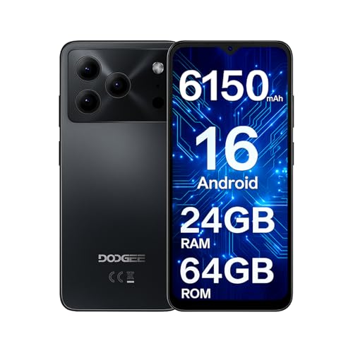 DOOGEE Note 56 SIM-Free & Unlocked Mobile Phones 2025 - Android 16, 6150mAh Battery Phone, 6.56" 90Hz Display Smartphone, 24GB+64GB/2TB, 3.5mm Headphone Jack, 4G Dual Sim/Face Unlock/GPS/5G WiFi-Black