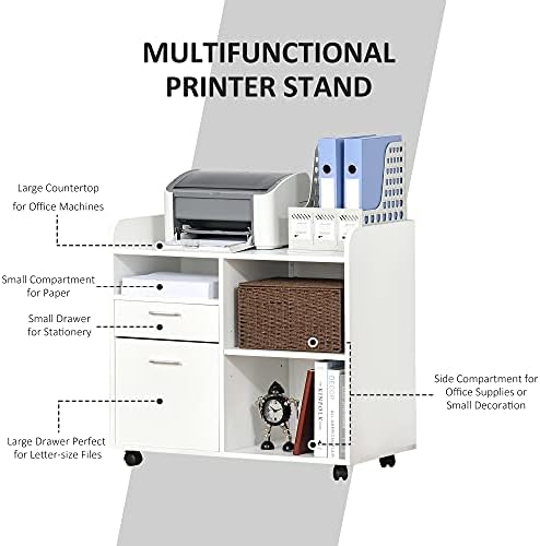 Vinsetto Multipurpose Filing Cabinet Printer Stand Mobile Printer Cabinet with 2 Drawers, Open Adjustable Storage Shelves for Home Office, White