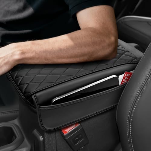 Image of Center Console Armrest Cover Compatible with 2018-2025 2026 Jeep Wrangler JL JLU 2020-2025 2026 Jeep Gladiator JT Accessories Black Leather Arm Rest Lid Protector with Storage Pockets