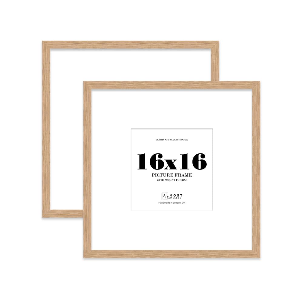 16x16 Oak Picture Frame with Large Mount for 8x8 Photos, Prints - Modern Square Wall Frame, Set of 2