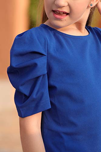Image of GORLYA Girl's Puff Sleeve Casual Solid T-Shirt Pullover Keyhole Back Blouse Tops for 4-14T Kids