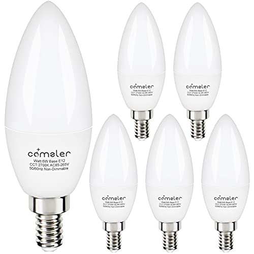 Comzler E12 Led Bulb, Small Light Bulb LED Candelabra Bulbs 60W Equivalent, Warm White 2700K Ceiling Fan Light Bulbs, Type B Shape Chandelier Light Bulb, Pack of 6, Non-Dimmable