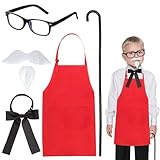 Kyson Kids Chef Costume Kit-5 Pcs Eyeglasses,Fake Mustache,Bowtie,Red Apron,Cane-Fast Food Themed Party Halloween Dress Up (Set A(6 Pcs))