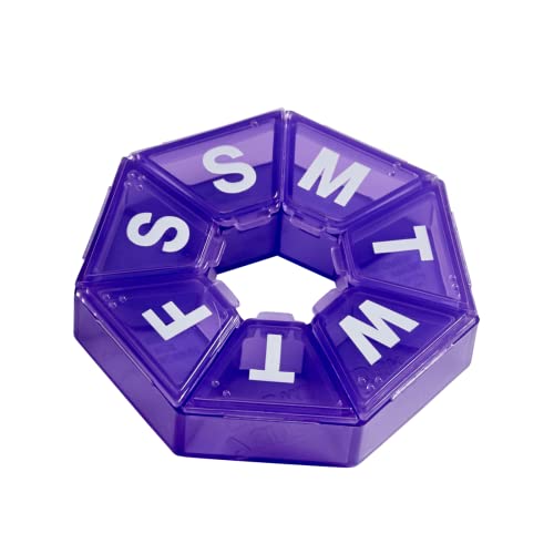 Image of Ezy Dose Weekly (7-Day) Pill Organizer, 7-Sided Medicine Planner, Purple | Compact Daily Round Vitamin & Supplement Medicine Case, Convenient and Easy to Use, Travel-Friendly Container, BPA-Free