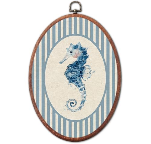 Image of Vintage Seahorse Nursery Oval Wall Art Framed, Blue Striped Sea Creatures Framed Canvas Prints, Unique Retro Boy or Girl Gift Hanging Wall Decor for Kids Toddler Room Bedroom Playroom, 8.6x11.4 Inch