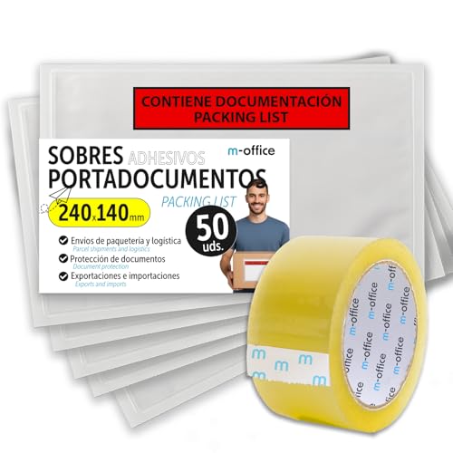 Selbstklebende Dokumententaschen 240x140mm, Packing List, Transparente Lieferscheintaschen für Sendungen, Rechnungen, Lieferscheine, Wasserfest mit starker Haftung – m-office (50 Stück+Klebeband)