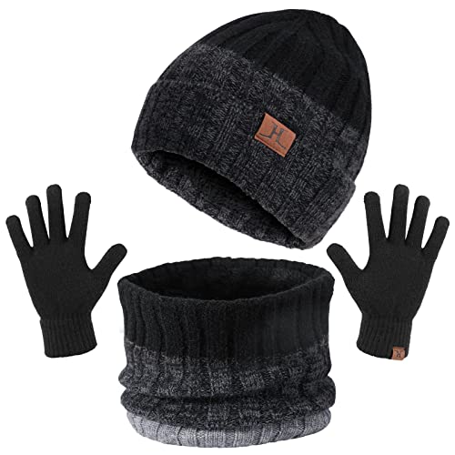 TAGVO 3in1 Invierno Set de Bufanda, Gorro y Guantes, Forro polar cálido grueso elástico ultra suave Forro interior Sombreros de Caliente Punto Cuello Calentador Guantes táctiles de Pantalla