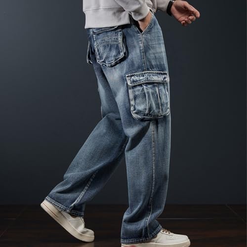 Men Loose Cargo Jean with Multi Pockets Straight Wide Leg Jean Casual Baggy Pants 28-444