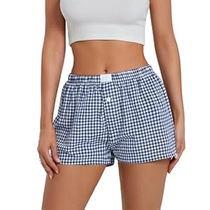 Women’s Y2K Lounge Shorts Cute Soft Elastic Low Waist Plaid Print Button Front Pajama Bottoms Boxer Shorts Sleepwear