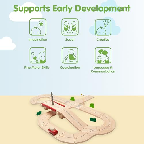 Image of PlanToys Wooden Road System Play Set | Montessori Imaginative City Building and Transport Play Activity | Eco Friendly Open Ended Road and Track Construction Toy