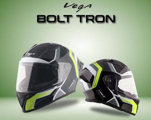 Image of Vega Bolt Tron Full Face Motorcycle Helmet with ISI Certification, Dual Visor, Aerodynamic ABS Shell, Shock Absorbing Liner, Lightweight Build, and Trendy Black Neon Yellow Finish Black Neon Yellow-M